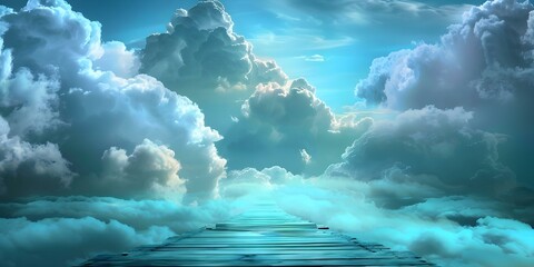 Wall Mural - Surreal Cloud Catwalk with Open Blue Sky and Copy Space, Selective Focus. Concept Surreal Photoshoot, Cloud Catwalk, Open Blue Sky, Copy Space, Selective Focus