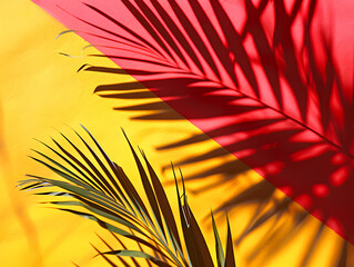 Wall Mural - A palm tree casts a shadow on a red and yellow wall