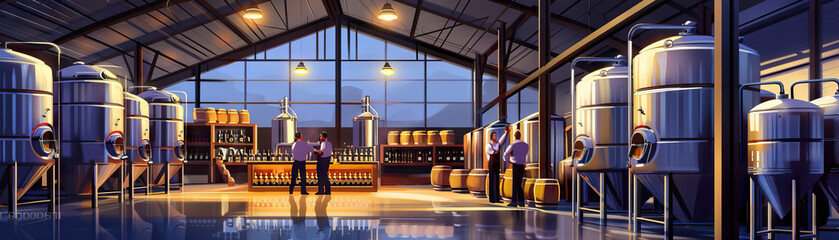 Wall Mural - Winery A vast room showcasing towering oak barrels and stainless steel tanks, with a tasting counter and skilled staff diligently blending and bottling fine wines.