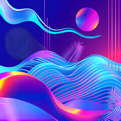 Wall Mural - A colorful, abstract painting of a beach scene with a glowing moon in the background. The painting is full of vibrant colors and has a dreamy, surreal feel to it
