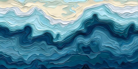 Cerulean Artistic Topographical Ocean Map Stylized Sea Depth Illustration, A topographical map, varying depths and land elevations of a marine landscape in multiple shades of blue