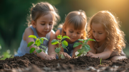 Children planting young tree on earth soil in nature park.