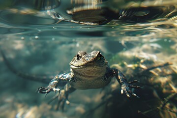 Wall Mural - a lizard swims in a deep river