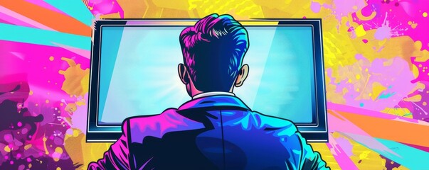 Poster - Digital illustration of a man using video conferencing device in a colorful background