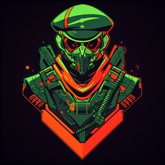 Military soldier character mascot in game concept illustration, vector logo style, e-sport gamer t-shirt design on isolated background