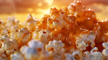Wall Mural - Glistening caramel drizzle cascading over a mound of fluffy popcorn against a backdrop of sunset hues