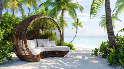 Wall Mural - A large sun bed with white pillows on a white sand beach with tropical palms on the ocean with crystal turquoise water