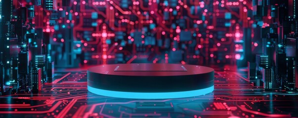 Poster - Futuristic podium with neon lights in a high-tech environment