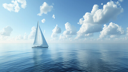 Sailboat gliding on calm blue sea with a clear sky and fluffy clouds, creating a serene and peaceful atmosphere, perfect for concepts of tranquility, freedom, and adventure, with copy space