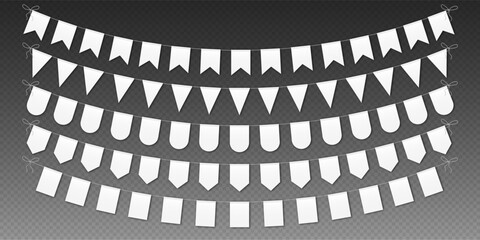 Bunting flags mockup, carnival party flags, festive pennants hanging on a rope. Festival vector decoration.