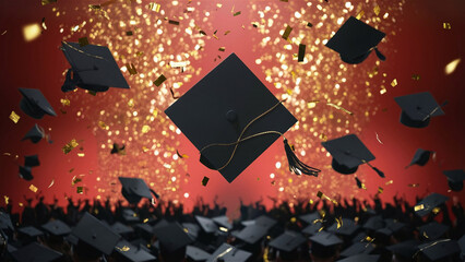 black graduation caps in the air, golden confetti, university graduate celebration, red background