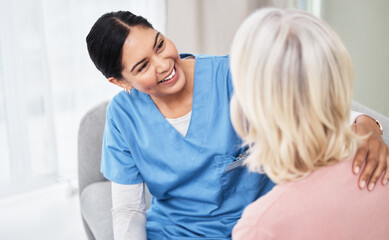 Wall Mural - Nurse, patient and consultation or talking support for home visit or checkup good news, trust or insurance. Woman, discussion and smile with healthcare employee or help, respect or rehabilitation