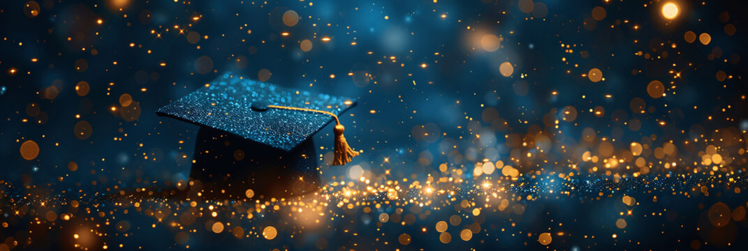 isolated black graduation cap banner, with golden confetti, university graduate celebration, blue background
