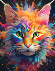  A colorful cat with green eyes is the main focus of the image