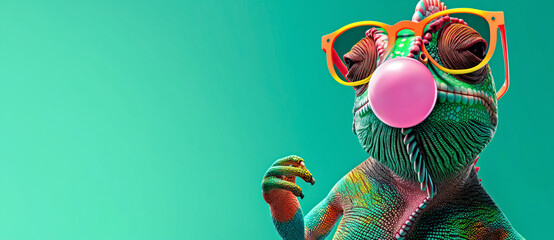 Wall Mural - Colorful Chameleon with Glasses Blowing Bubble gum. Fun Animal concept