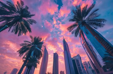 Wall Mural - A photo of modern skyscrapers in Riyadh, Saudi Arabia with palm trees and a sunset sky