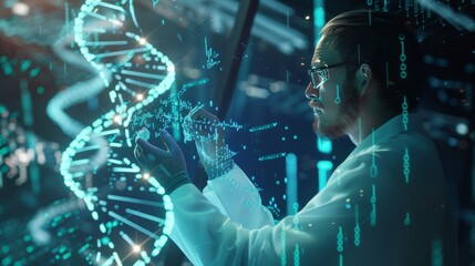 Poster - A scientist examining a DNA-like structure made of data strands, revealing the intricate patterns of the metaverse's underlying code.