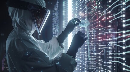 Poster - A scientist examining a DNA-like structure made of data strands, revealing the intricate patterns of the metaverse's underlying code.