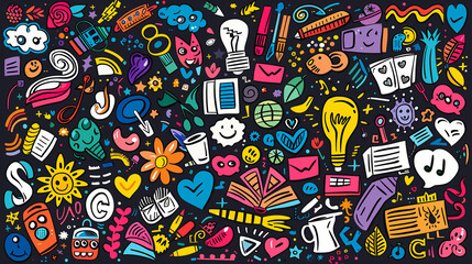 Wall Mural - Assorted Back to School Doodles on Black Background