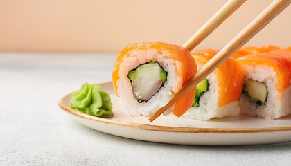 Wall Mural -  Sushi rolls picked up by chopsticks