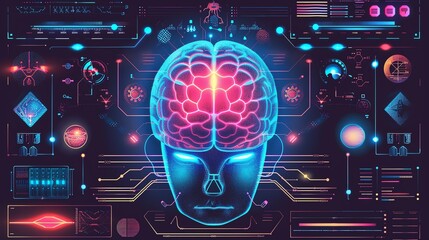 Poster - Futuristic digital illustration of human brain and technology, representing artificial intelligence, data analysis, and innovation.