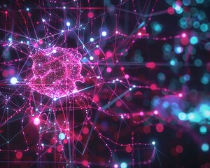 Poster - Abstract neural network visualization with vibrant pink and turquoise lights, showcasing interconnected data nodes and futuristic lines.