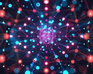 Poster - Vibrant abstract light patterns with interconnected particles and nodes. Bright glowing colors create an energetic and futuristic visual experience.
