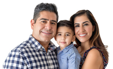 Mexican couple with their little son portrait over isolated white transparent background