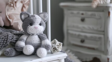 Sticker - handmade crochet kitten doll on white dresser in baby room generative ai