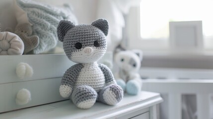 Sticker - handmade crochet kitten doll on white dresser in baby room generative ai