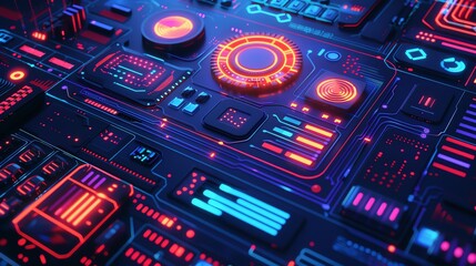 Poster - Futuristic digital interface with neon glow and abstract technology elements, showcasing a cyberpunk design and modern tech aesthetics.
