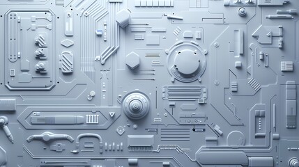 Poster - Futuristic circuit board with detailed components in monochrome color scheme, representing advanced technology and digital innovation.