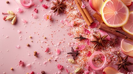 Majestic Pink Background with Assorted Scattered Spices for Gourmet Concept