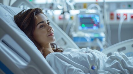 A girl in the intensive care unit at the hospital . A critically ill woman lying in the intensive care unit