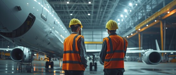 Two engineers in hard hats and safety vests inspect a large airplane in a hangar.