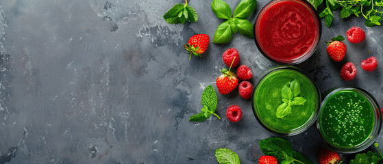 Green and red fresh juices or smoothies with fruit, greens, vegetables on grey background  Generate AI