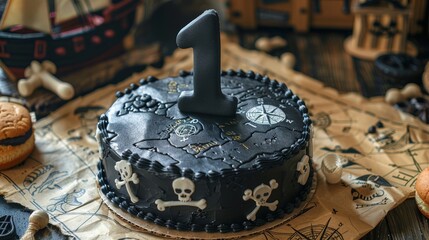 Wall Mural - Pirate-Themed First Birthday Cake with Black Flag and Treasure Map Design - Ideal for Adventure Party Decor