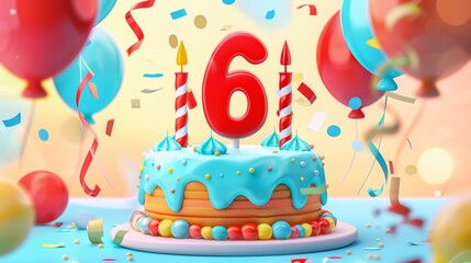 Playful Cartoon Style Birthday Banner with Blue Icing Cake and Red Number 6 Candle for Kids' Celebration