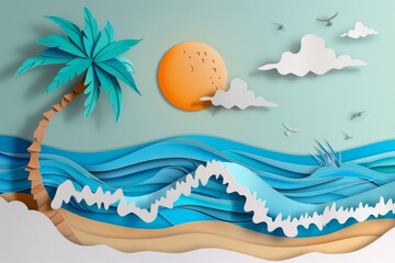 Wall Mural - a paper cut of a beach with a palm tree and a sun