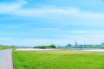 Wall Mural - 初夏に広がる青空・河川敷