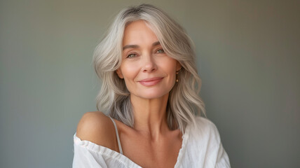 Wall Mural - A graceful elderly woman with neatly styled silver hair and a red scarf poses with a serene smile, radiating sophistication.