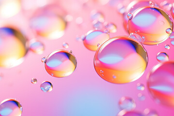 Aufkleber - Pink holographic bubbles floating on the soft colorful abstract background in beautiful vivid tones.