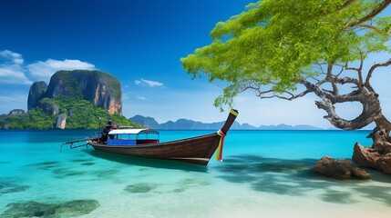 Wall Mural - Thailand beach landscape tropical background. Asia ocean nature and wooden boat