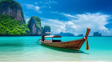 Wall Mural - Thailand beach landscape tropical background. Asia ocean nature and wooden boat