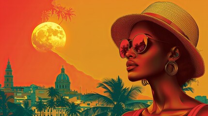 Retro-styled vector summer posters featuring vibrant cityscapes, a stylish woman, and exotic beach scenes. Illustration for card, poster, banner, flyer, brochure or background