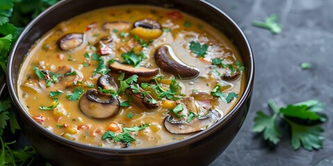 Wall Mural - Top view of vegan Indian masala mushroom soup in ceramic bowl. Concept Vegan Recipes, Indian Cuisine, Mushroom Dishes, Soup Ideas, Food Photography