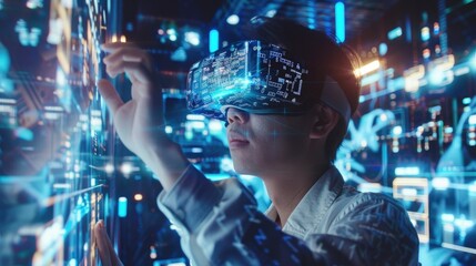 Wall Mural - Young Asian business man wearing virtual reality goggles and working with hologram screens in a 