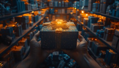 Hands holding a beautifully wrapped gift box with a golden bow in a room filled with various presents and warm lighting.