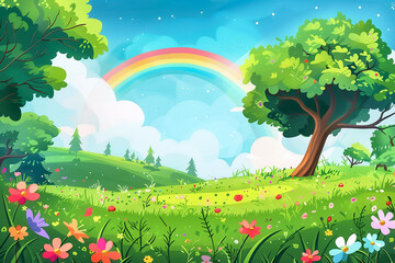 Wall Mural - Cartoon scenery with summer landscape, flowers and rainbow, background for product preview, kids design, storybook