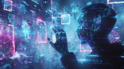 Poster - A digital human figure interacts with a holographic display, featuring numerous glowing digital panels, in a high-tech environment at night.